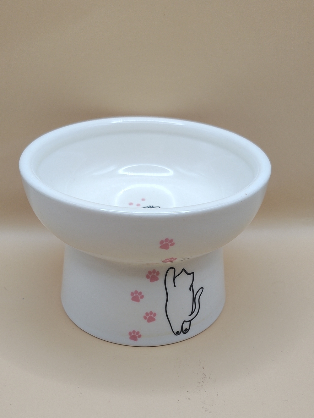 White Ceramic Elevated Cat Bowl with Pink Paw Print